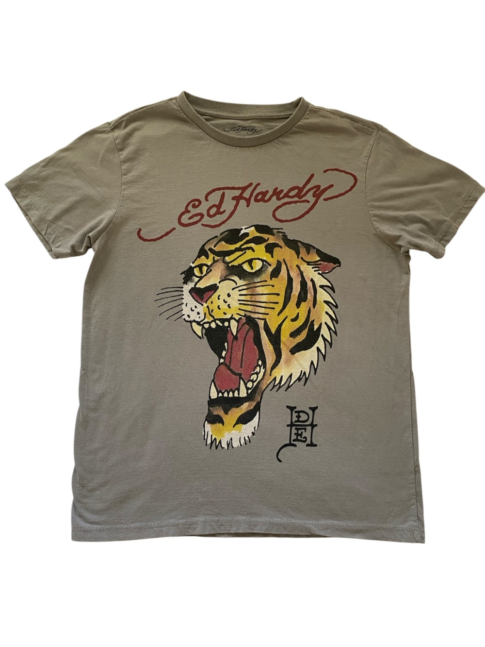 Ed Hardy Grey Short-Sleeve Tiger Graphic Tee with Red Logo
